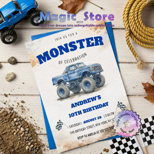 Convite Caminhão Monstro Azul Aquarela Moderna Aniversário