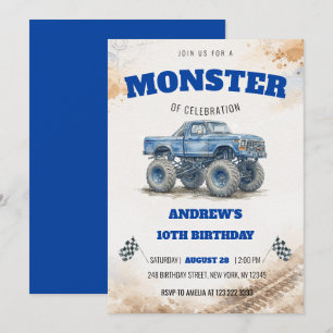 Convite Caminhão Monstro Azul Aquarela Moderna Aniversário