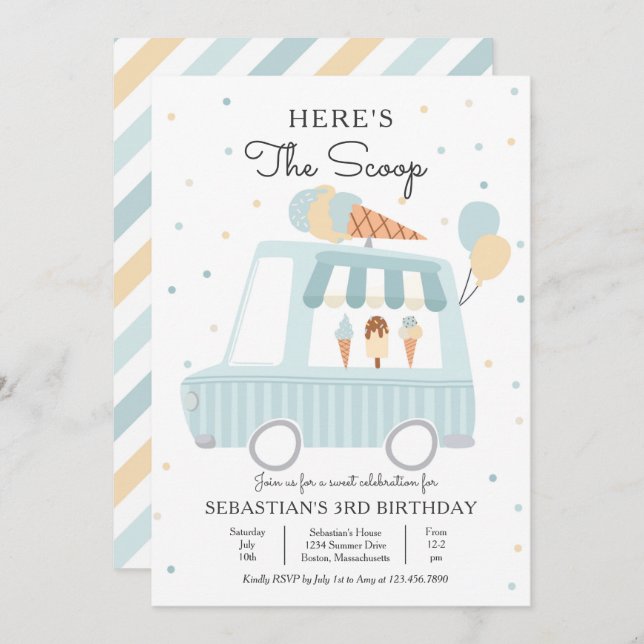 Convite Caminhão Sorvete Azul Aqui está o Aniversário da C (Frente/Verso)