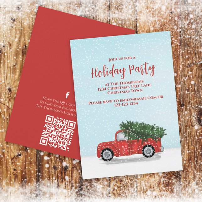 Convite Caminhão Vermelho Vintage de Natal Código QR de In (Holiday cute Christmas vintage red truck invitation with freshly falling snow. )