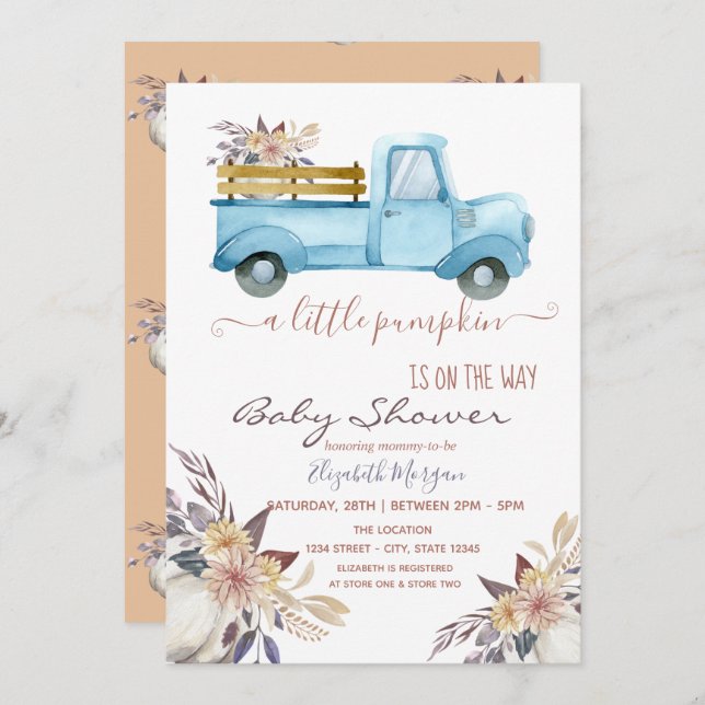 Convite Caminhãozinho de Abóbora Flores, Pontilhado  Chã d (Frente/Verso)