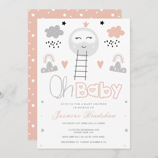 Convite Caminho de chá de fraldas para a Lua (Frente/Verso)