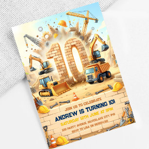 Convite Caminhões de Construção 10º Aniversário