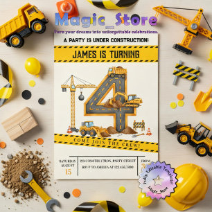 Convite Caminhões de Construção em Aquarela Festa de 4 Ano