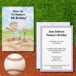 Convite Camiseta de aniversário de 4 anos Teddy Bear Baseb