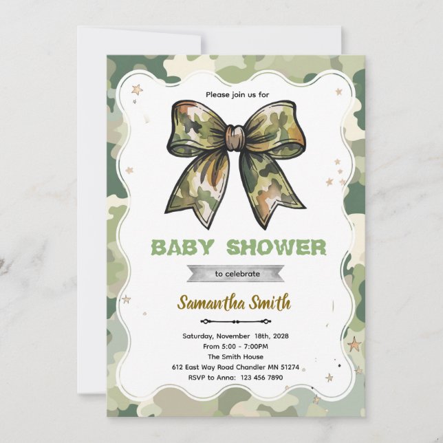 Convite Camo Bow Baby Shower Invitation (Frente)