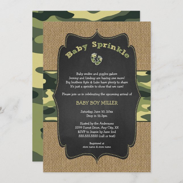 Convite Camo Green Baby Sprinkle Invite, camuflagem (Frente/Verso)