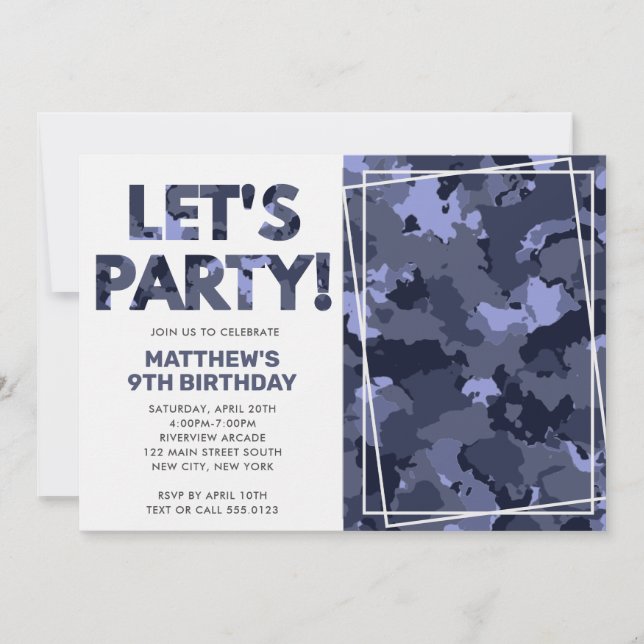 Convite Camouflage Birthday, Partido Vamos Blue Camo Foto (Frente)
