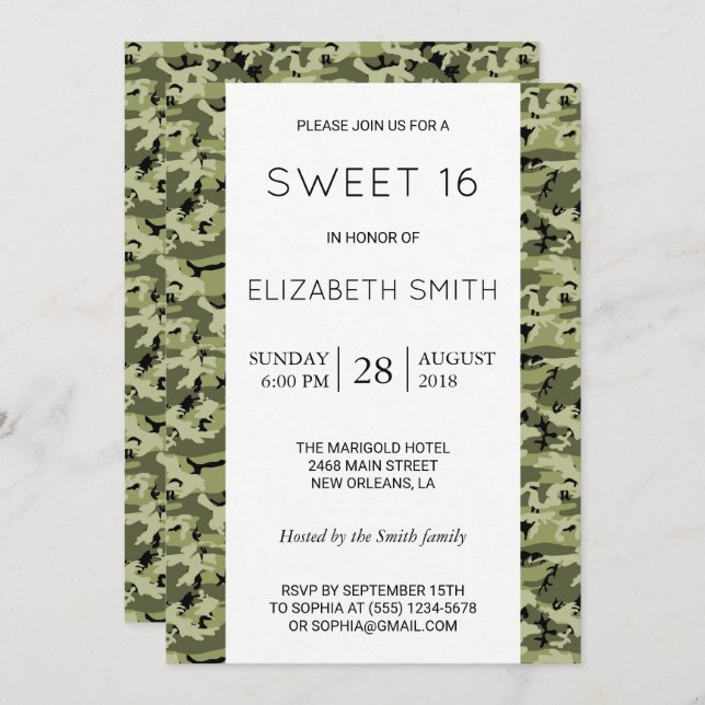 Convite Camouflage Pattern, Camo, Militar, Sweet 16 (Frente/Verso)