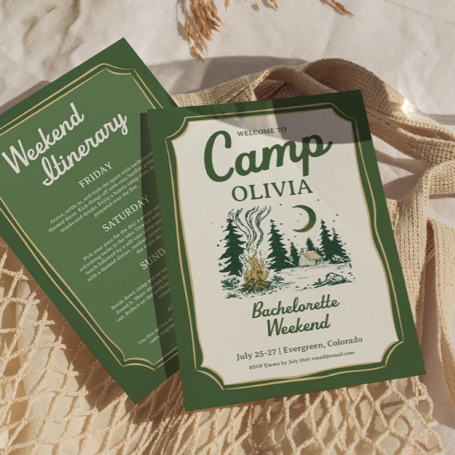 Convite Camp Bachelorette Green Glamping Itinerary  (Camp Bachelorette Green Glamping Itinerary )