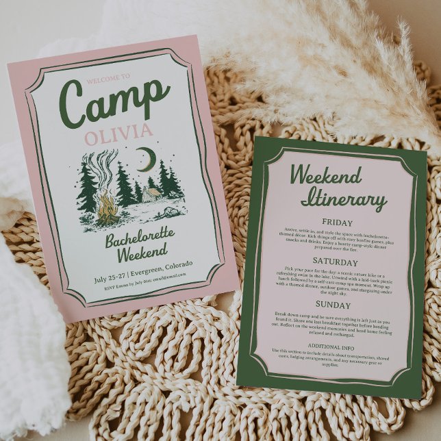 Convite Camp Bachelorette Green Glamping Itinerary  (camp bachelorette party)