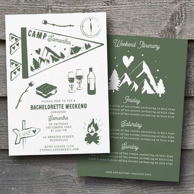 Convite Camp Bachelorette Party Camping Weekend Itinerary  (Camp Bachelorette Party Camping Weekend Itinerary Invitation)
