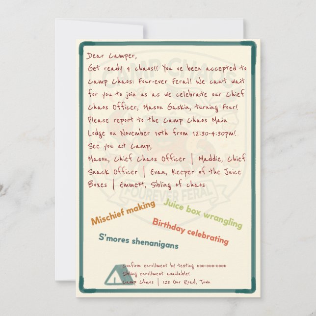 Convite Camp Chaos: Forever Feral 4th Birthday Invitation (Frente)