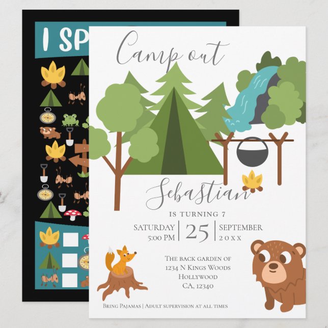 Convite Camp Out Party with Game on Back (Festa de Camp Fo (Frente/Verso)