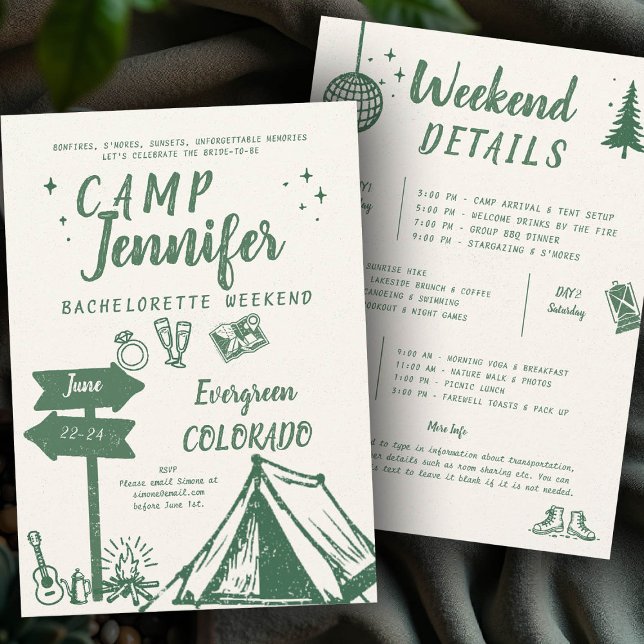 Convite Campanha Escrevendo a Festa de solteira verde do c (camp bachelorette invitation handwriting hand written camping glamping hiking bach itinerary)