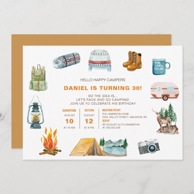 Convite Campanha Ícones de Aquarela Fora do Aniversário (Frente/Verso)