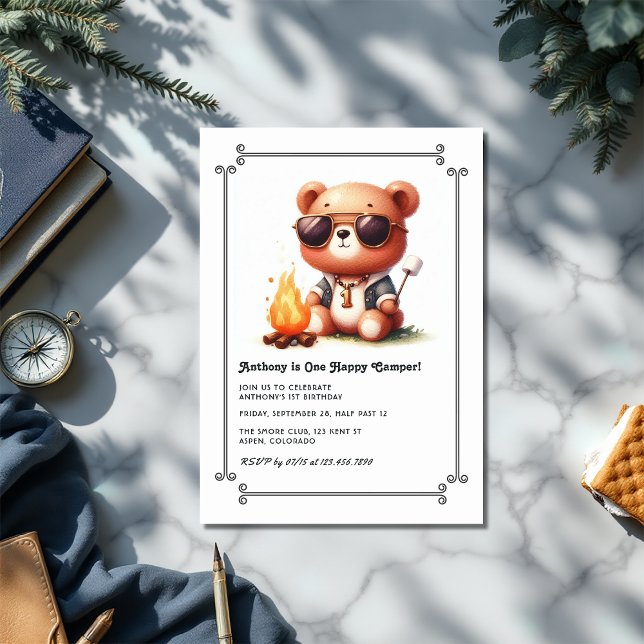 Convite Campanha "Uma Campanha Feliz" primeiro aniversario ("One Happy Camper" Bear 1st Birthday Boy Camping Invitation)