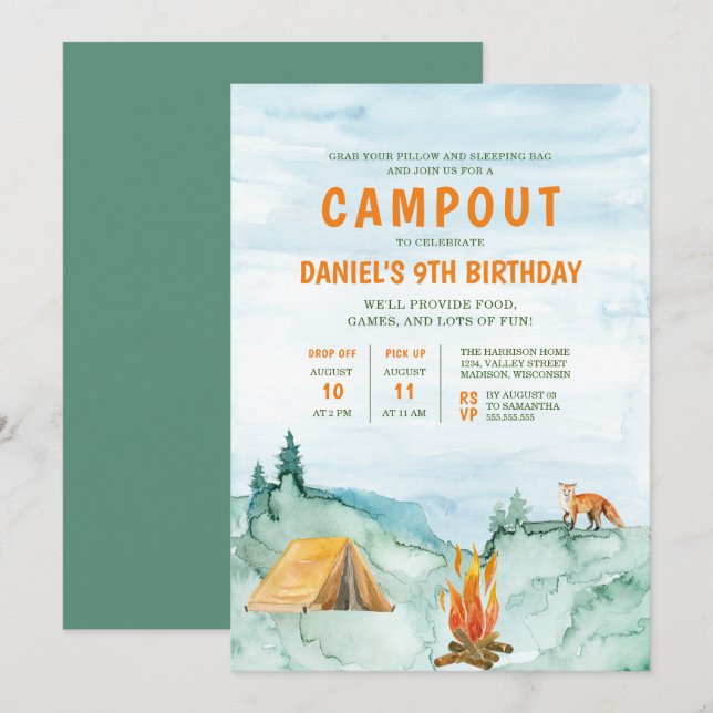 Convite Campanha Woodland Watercolor Tent Campout Aniversá (Frente/Verso)