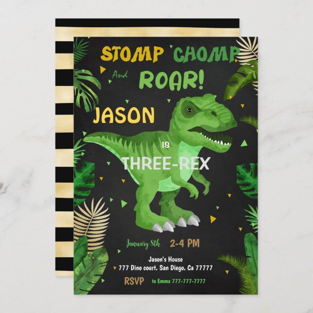 Convite CÂMPE E RAIO! Seu aniversário de dinossauro (Frente/Verso)