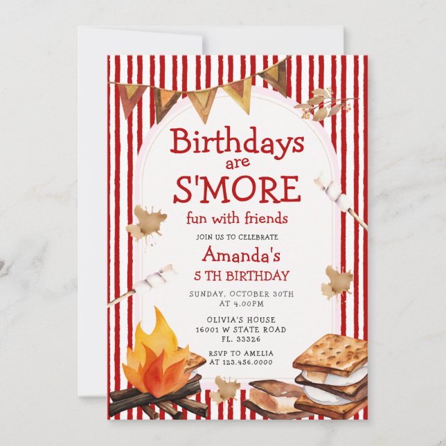 Convite Campfire Red Stripes Birthday are S'mores Fun (Frente)