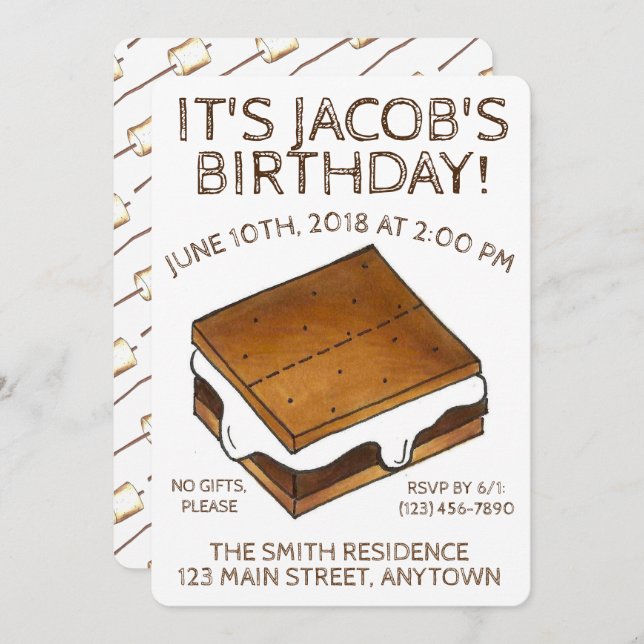 Convite Campfire S'mores Marshmallow Festa de aniversário (Frente/Verso)