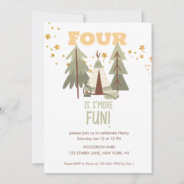 Convite Camping Adventure S'more Quarto Aniversário (Frente)
