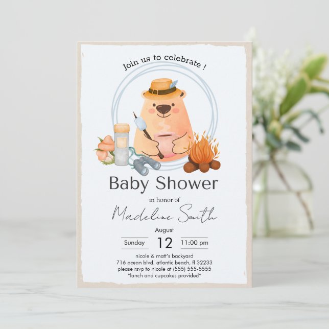 Convite Camping Bonfire Bear Baby Shower Invitation (Em pé/Frente)