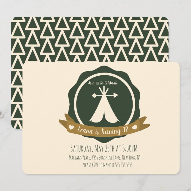 Convite Camping Festa de Aniversário Teepee Badge (Frente/Verso)