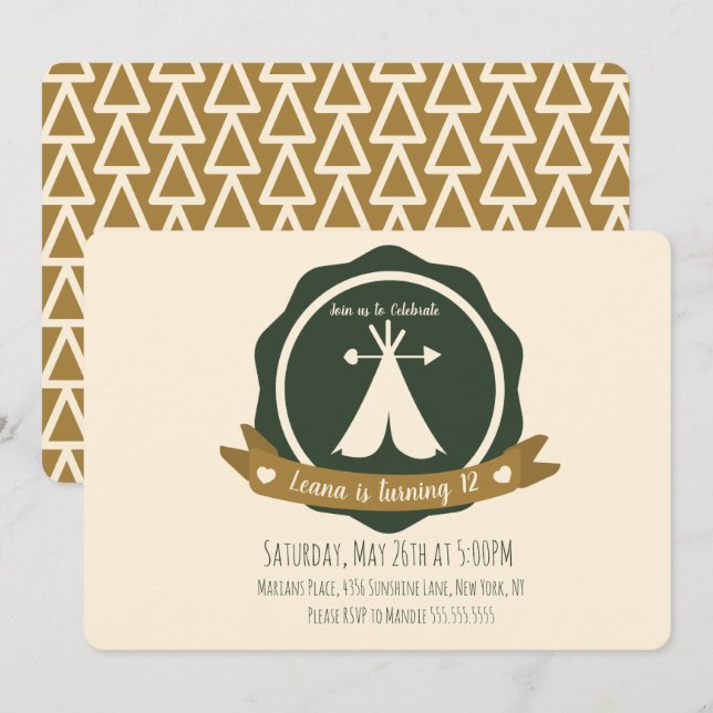 Convite Camping Placa de Festa de Aniversário Teepee (Frente/Verso)
