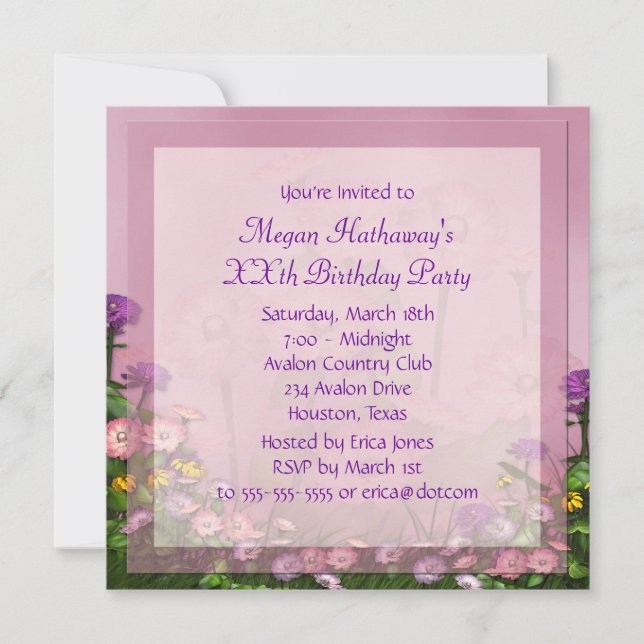 Convite Campo de Flor Rosa Qualquer Número Modelo de Anive (Frente)