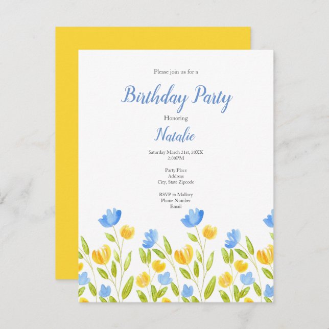 Convite Campo de Flores Amarelas Azuis (Frente/Verso)