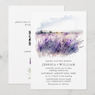 Convite Campo de Flores de Lavanda em Aquarela Código QR C