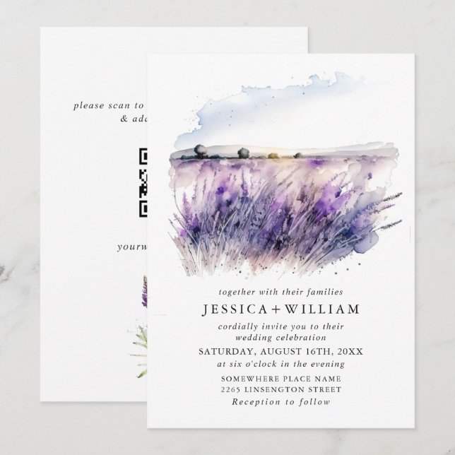 Convite Campo de Flores de Lavanda em Aquarela Código QR C (Frente/Verso)