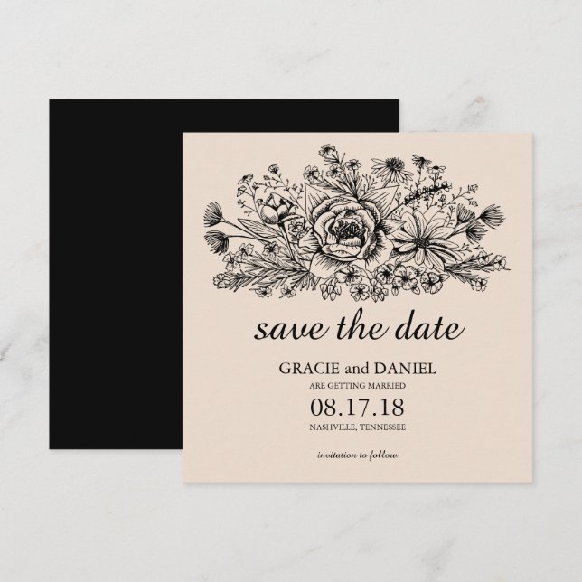 Convite Campo de Flores Selvagens Desenhadas à Mão, Gravur (Frente/Verso)