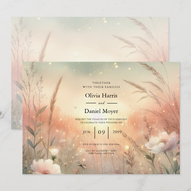 Convite Campo de Flores Silvestres Pastel Etéreo Casamento (Frente/Verso)