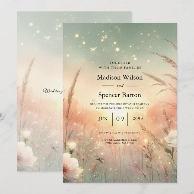 Convite Campo de Flores Silvestres Pastel Etéreo Casamento (Frente/Verso)