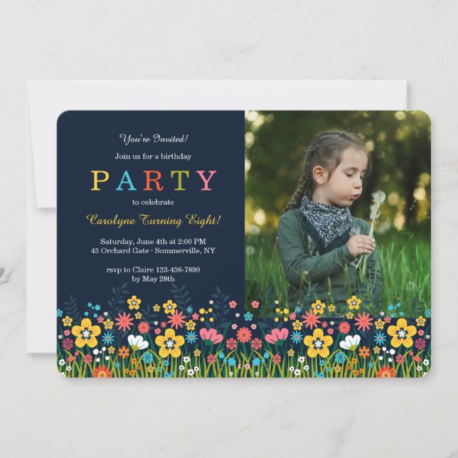 Convite Campo de Foto Retangular de Flores (Frente)
