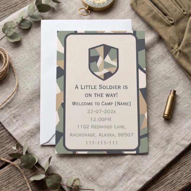 Convite Camuflagem Geométrica Militar Moderna (Modern Geometric Camo Military Baby Shower Invitation)