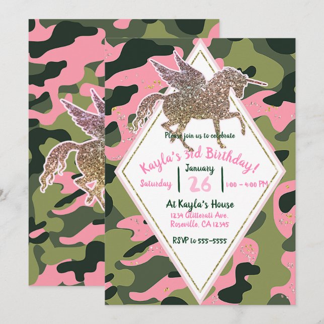 Convite Camuflagem Rosa Verde Camo e Festa de Unicórnio Do (Frente/Verso)