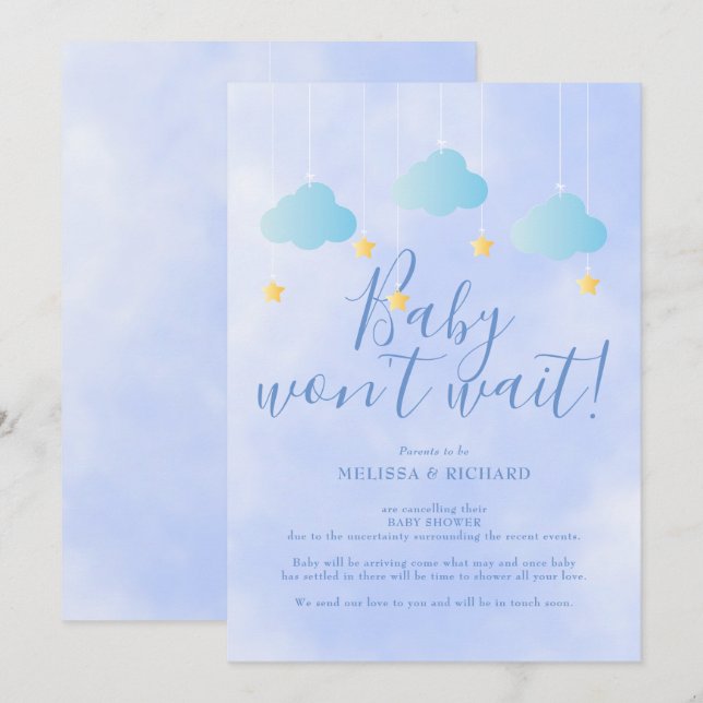 Convite Cancelamento de Chá de Bebê Azul por Envio Postal (Frente/Verso)