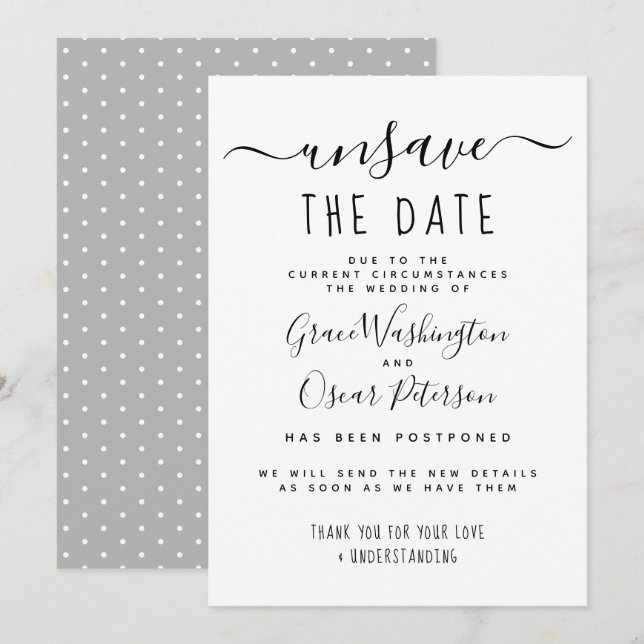 Convite Cancelar Data Handwritten Casamento Adiado (Frente/Verso)