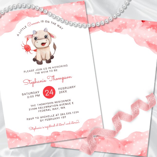 Convite Cancer Celestial Astrologia Chá de fraldas Vermelh (Celestial Cancer Astrology Red Baby Shower Invitation)