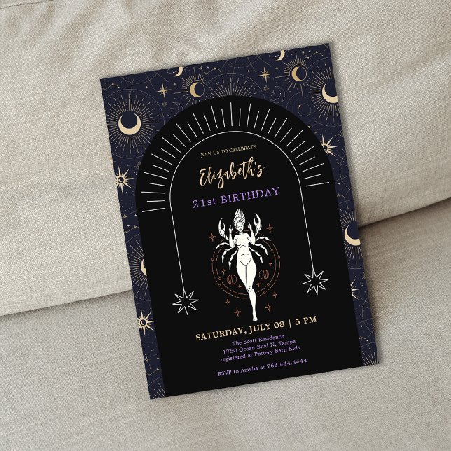 Convite Cancer Místico Preto Zodiac aniversário de 21 anos (Black Mystic Cancer Zodiac 21st Birthday Invitation)