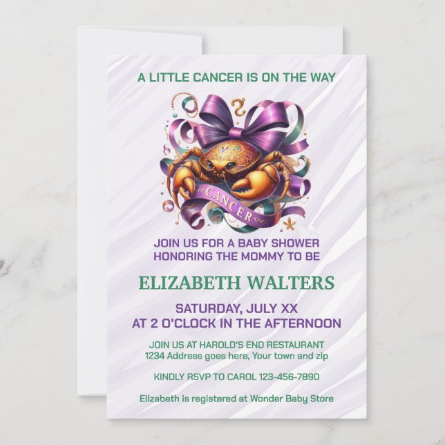 Convite Cancer Zodiac Baby Shower Lavender and Green (Frente)
