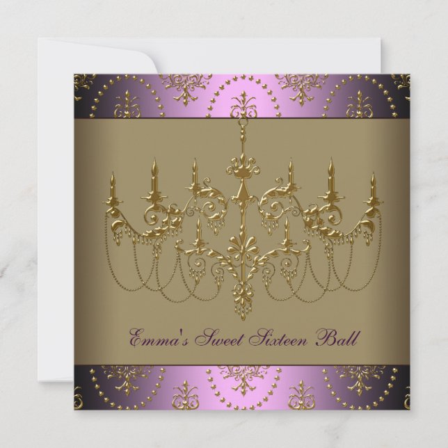 Convite Candelabro de Ouro Roxo Classe Festa de Sweet Sixt (Frente)