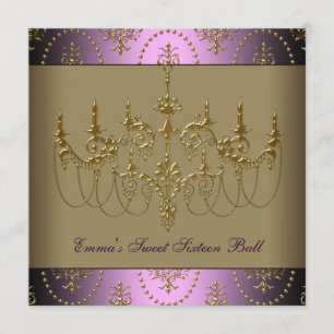 Convite Candelabro de Ouro Roxo Classe Festa de Sweet Sixt