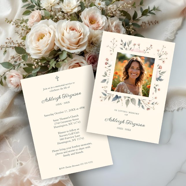 Convite Candid Delicate Pastel Floral Frame Photo Funeral  (Candid Delicate Floral Frame Photo Funeral Invitations Cards in Soft Pastel Colors.)