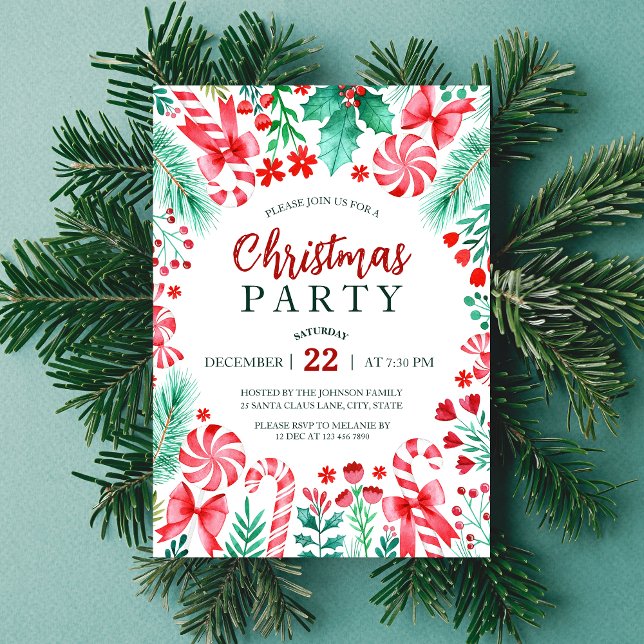 Convite Candy Candy Candy Candy Candy Canners Cana de Nata (Watercolor Peppermint Candy Canes Christmas Party Invitation)