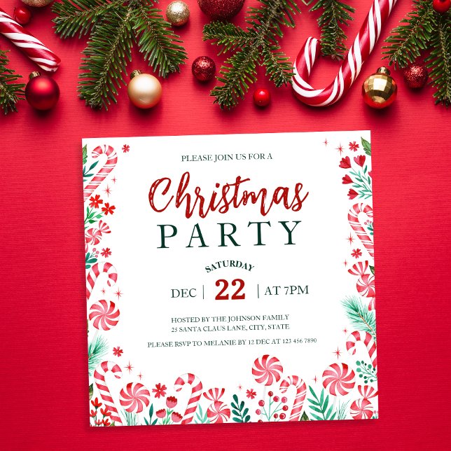 Convite Candy Candy Candy Candy Candy Canners Cana de Nata (Watercolor Peppermint Candy Canes Christmas Party Invitation)