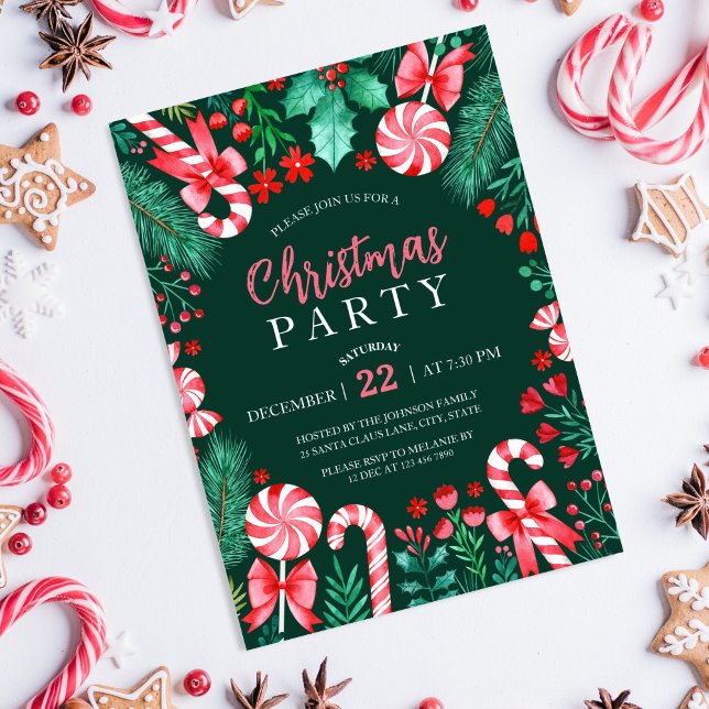 Convite Candy Candy Candy Cannes Peppermint Festa de Natal (Watercolor Peppermint Candy Canes Christmas Party Invitation)